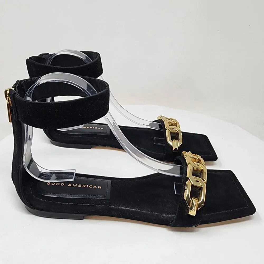 Good American Ankle Wrap Sandals Women 9 Black Suede w/ Gold Chain Detail EUC